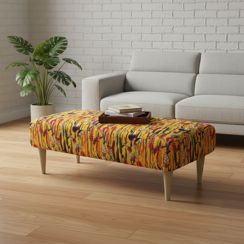 Designer-patterned vibrant fabric ottoman perfect as a statement piece