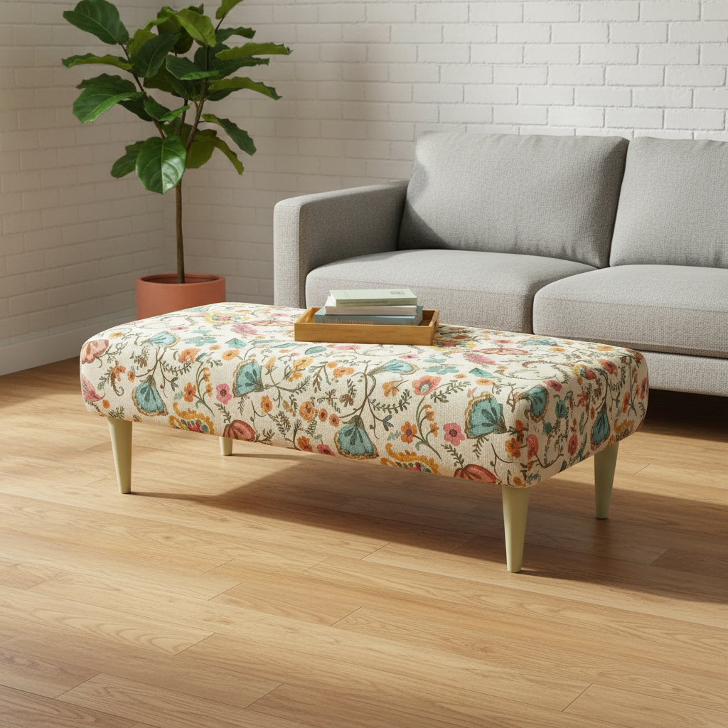 Durable designer fabric footstool with elegant solid wood construction