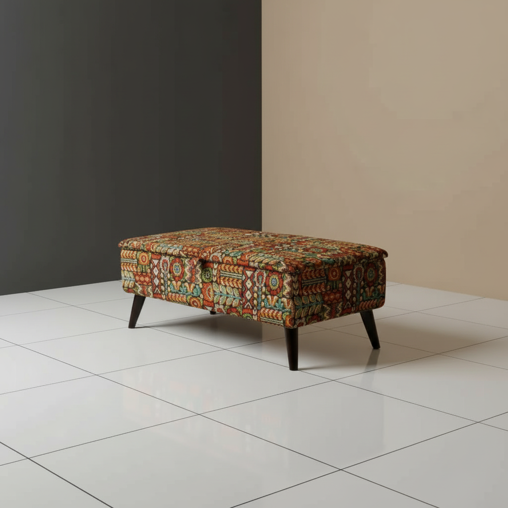 Durable UK-made storage bench with hinged lid and expressive pattern