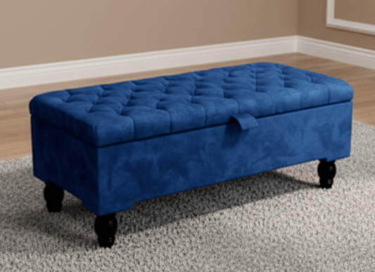 Large storage compartment inside royal blue velvet ottoman bench.