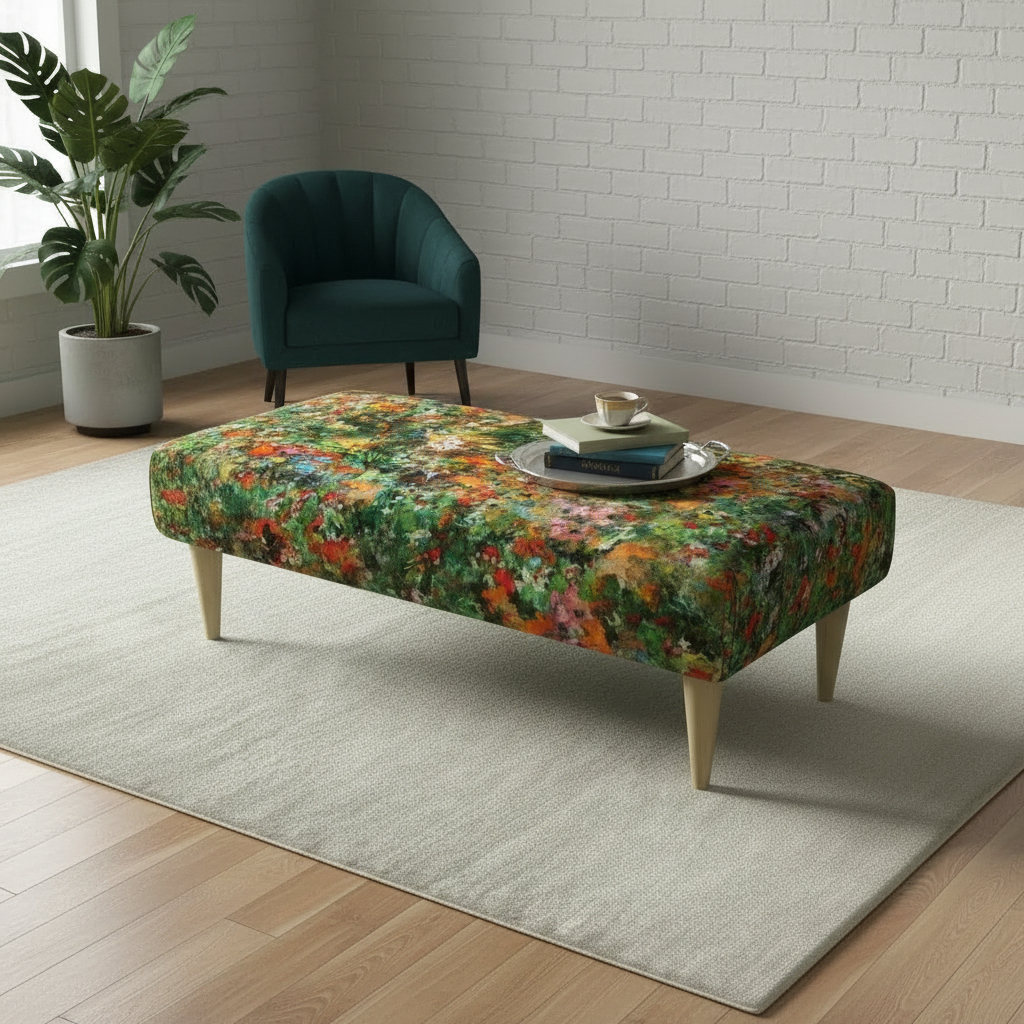 Luxury rectangular upholstered footstool bench with elegant wooden legs and premium fabric