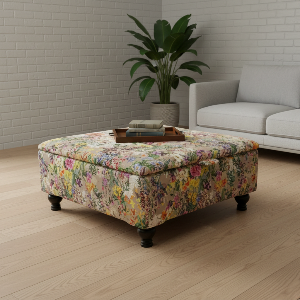 Modern upholstered living room toy box with hinged lid and sturdy legs