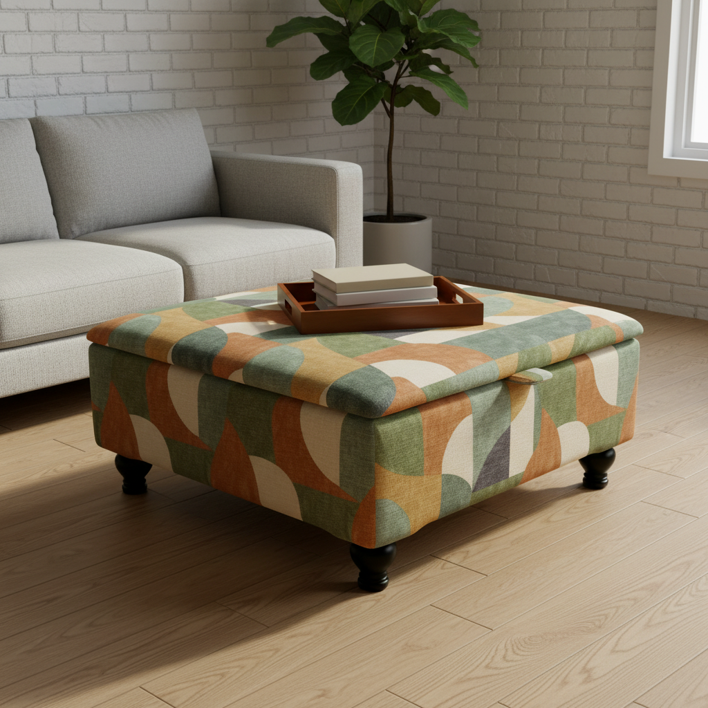 Multi-functional storage pouffe as living room organiser and decorative piece