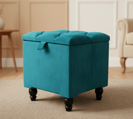 Aqua velvet ottoman with wooden legs, perfect as coffee table or seat - ISTOOLS