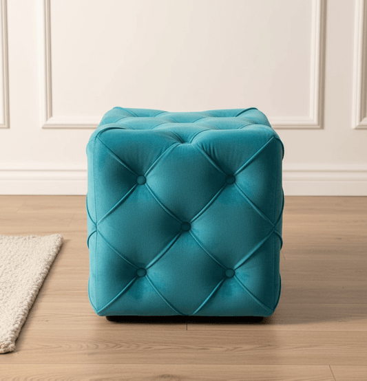 Aqua Square Ottoman Cube | Square Cube Ottoman UK | Deep Buttoned Fabric Coffee Table - ISTOOLS