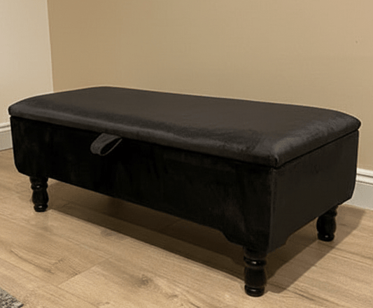 Black upholstered ottoman bench with hidden storage compartment- ISTOOLS