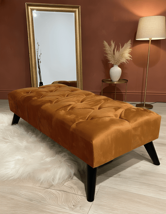 Plush velvet footstool pouffe side angle showing soft fabric - ISTOOLS