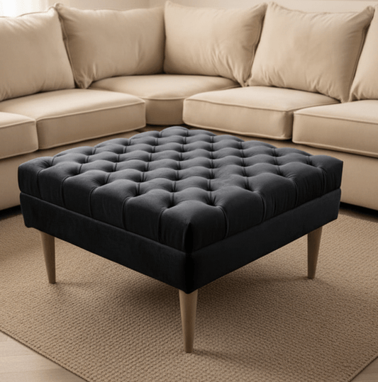 Luxury Black Velvet Chesterfield Ottoman Bench for Living Room Seating - ISTOOLS