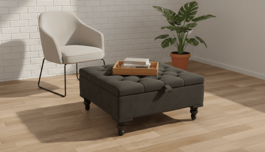 Chesterfield Storage Ottoman Bench UK – Plush Velvet Coffee Table with Hidden Storage (Dark Grey) - ISTOOLS