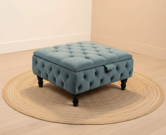 Close-up of Duck Egg Blue Velvet Storage Ottoman with Tufted Design - ISTOOLS