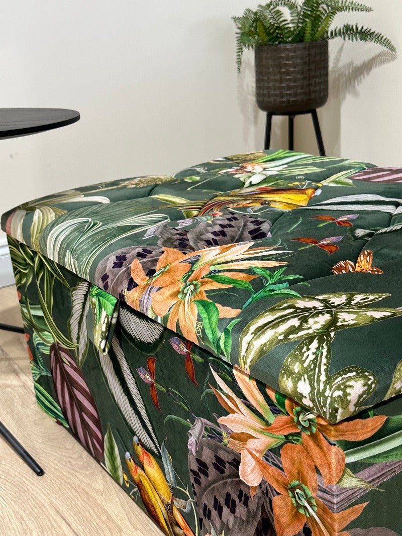 Large Green Floral Large Square Ottoman Storage | Patterned velvet Coffee Table - ISTOOLS