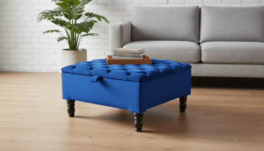 Luxury Royal Blue Square Ottoman Storage Bench – Multifunctional Coffee Table & Hidden Storage - ISTOOLS
