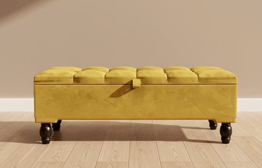 Mustard Gold Ottoman Storage Bench | Gold Velvet Chesterfield Footstool - ISTOOLS