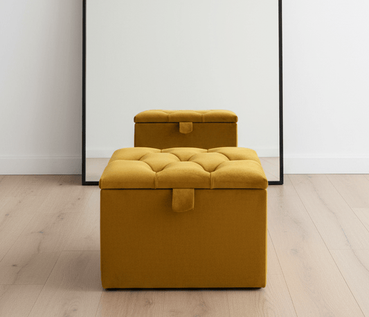Mustard Gold Small Storage Box | Small Gold Footrest UK | Gold Ottoman Stool with Storage - ISTOOLS