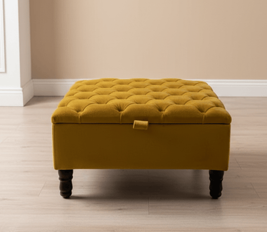 PREMIUM coffee table Velvet Square Ottoman Storage | Chesterfield Footstool Pouffe UK | Mustard Gold Table - ISTOOLS