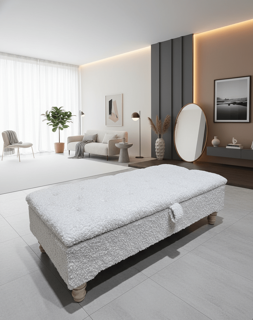 Premium large Teddy Bear Fluffy Creamy White Plain Top Footstool Coffee Table - ISTOOLS