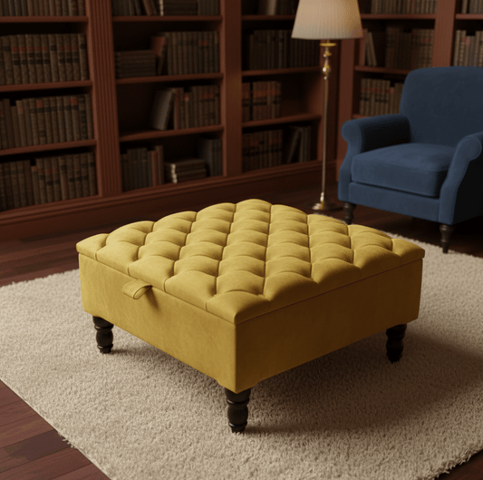 Premium Mustard Gold Velvet Storage Ottoman Coffee Table – UK Handmade Bench - ISTOOLS