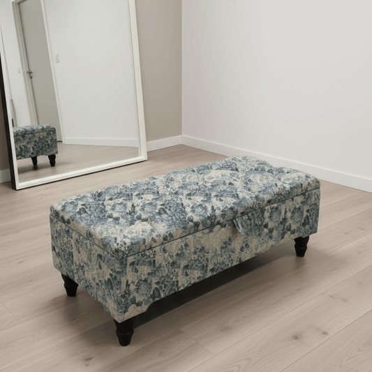 Blue and white floral cotton upholstered ottoman bench seating - ISTOOLS