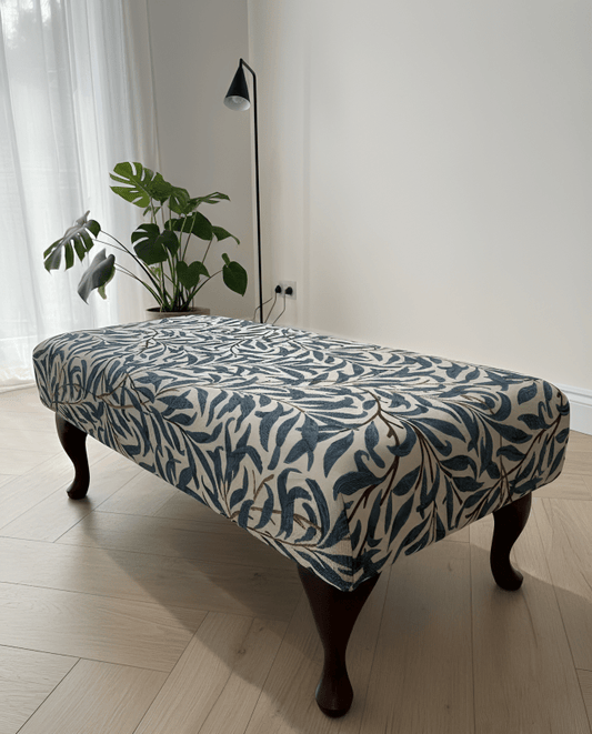 Blue velvet upholstered footstool ottoman with solid wood legs for living room - ISTOOLS