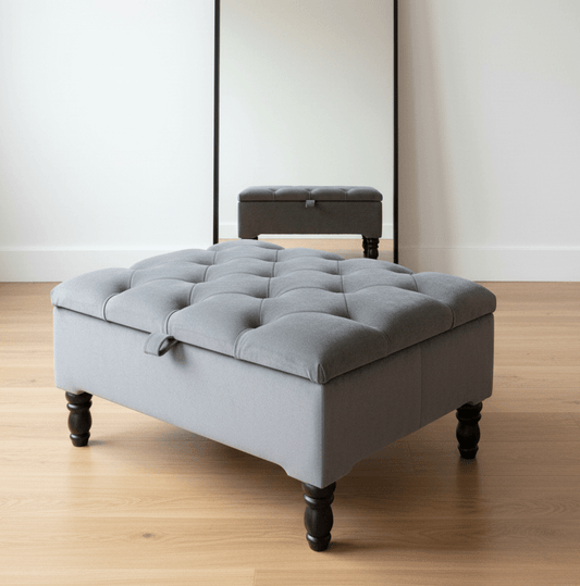 Grey Chesterfield storage bench ottoman with button tufted velvet - ISTOOLS