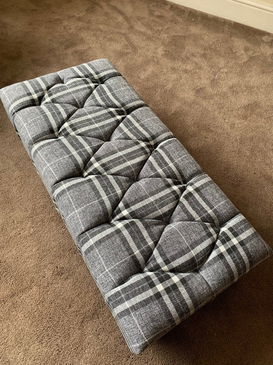 Grey & Black Tartan Upholstered Footstool | Tartan Chesterfield Ottoman footstool - ISTOOLS