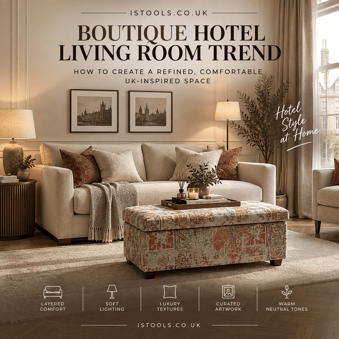 BOUTIQUE HOTEL LIVING ROOM TREND: HOW TO CREATE A REFINED, COMFORTABLE UK-INSPIRED SPACE - ISTOOLS