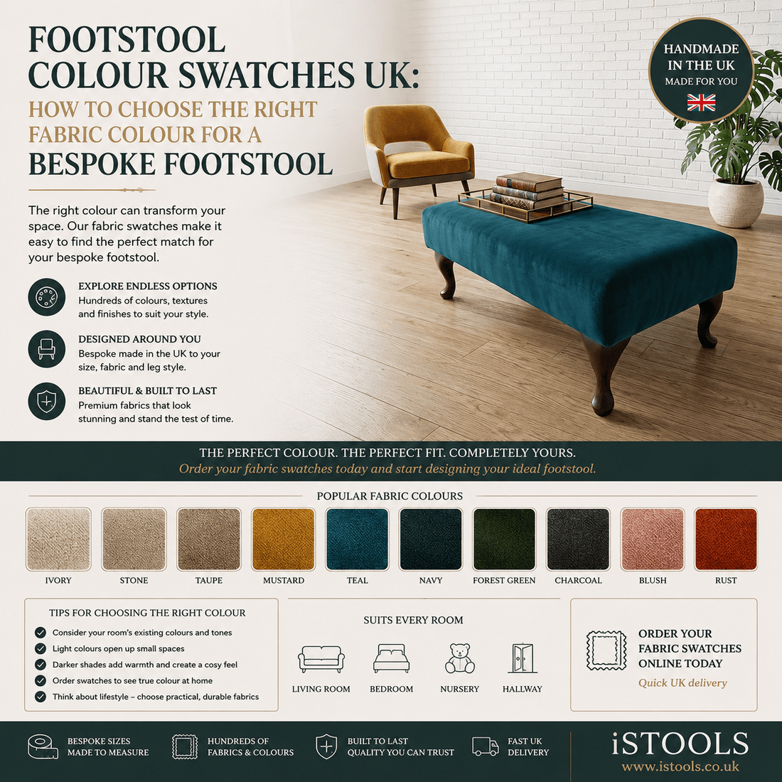 FOOTSTOOL COLOUR SWATCHES UK: HOW TO CHOOSE THE RIGHT FABRIC COLOUR FOR A BESPOKE FOOTSTOOL - ISTOOLS
