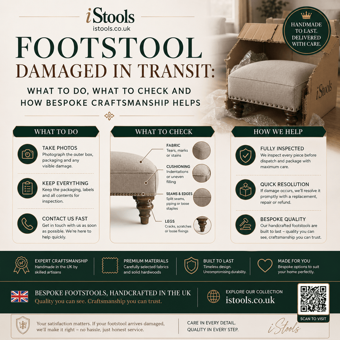FOOTSTOOL DAMAGED IN TRANSIT: WHAT TO DO, WHAT TO CHECK AND HOW BESPOKE CRAFTSMANSHIP HELPS - ISTOOLS