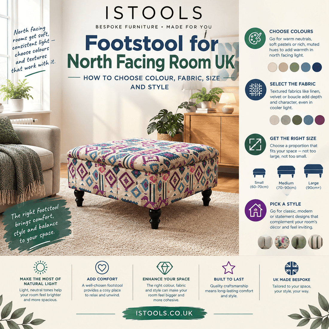FOOTSTOOL FOR NORTH FACING ROOM UK: HOW TO CHOOSE COLOUR, FABRIC, SIZE AND STYLE - ISTOOLS