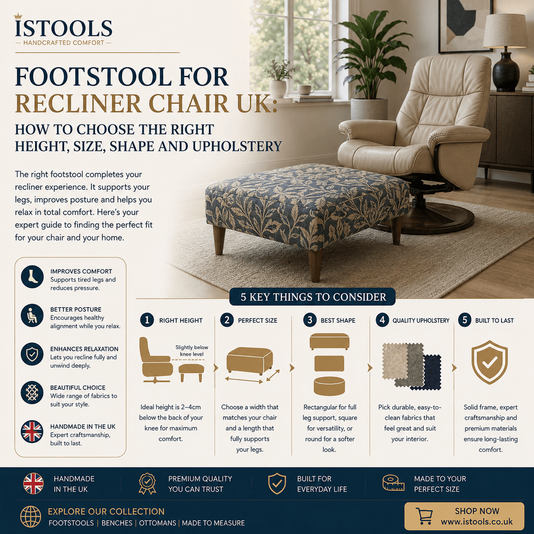 FOOTSTOOL FOR RECLINER CHAIR UK: HOW TO CHOOSE THE RIGHT HEIGHT, SIZE, SHAPE AND UPHOLSTERY - ISTOOLS