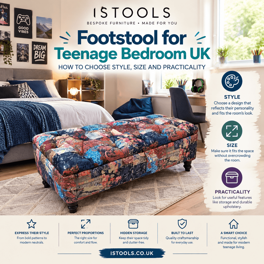 FOOTSTOOL FOR TEENAGE BEDROOM UK: HOW TO CHOOSE STYLE, SIZE AND PRACTICALITY - ISTOOLS
