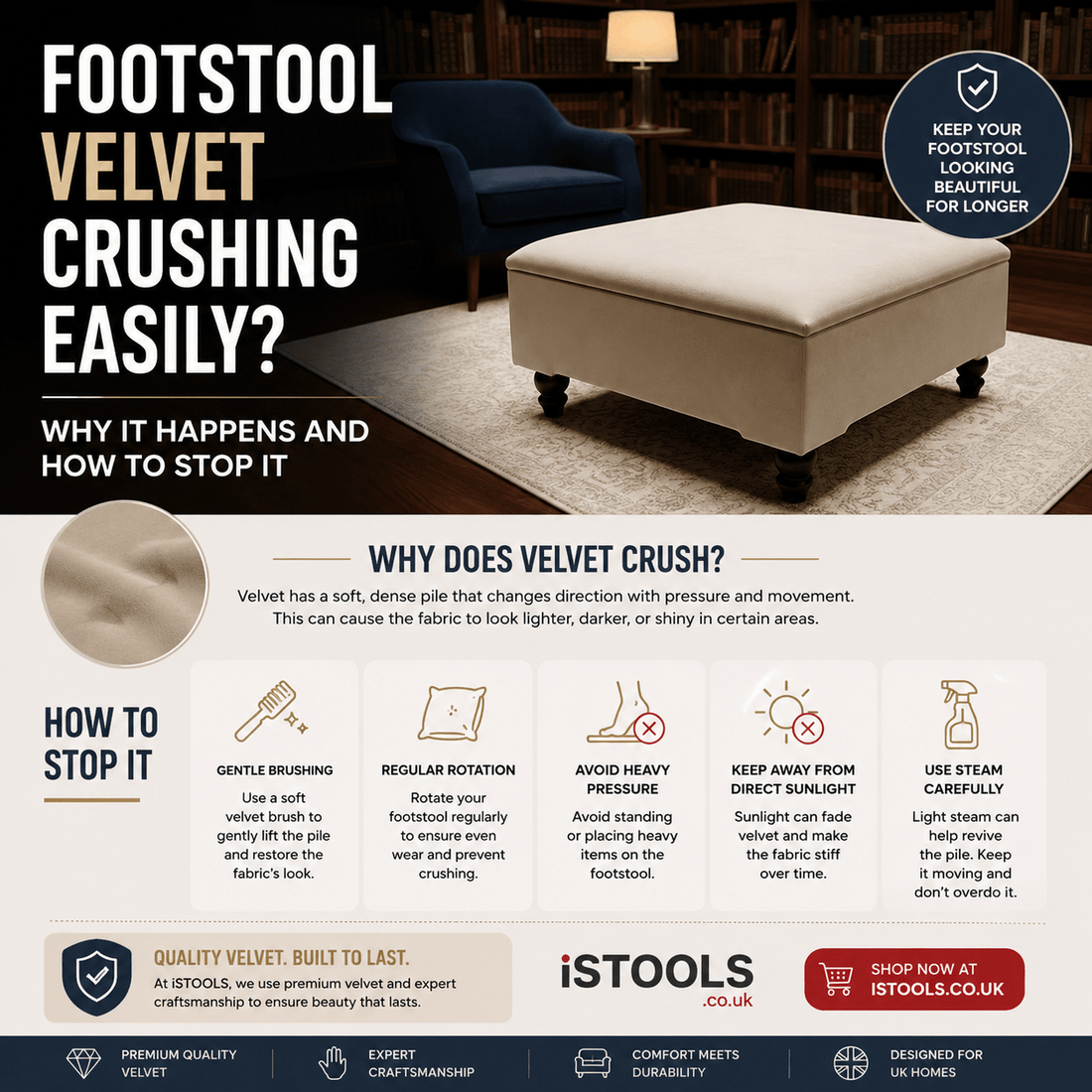 FOOTSTOOL VELVET CRUSHING EASILY? WHY IT HAPPENS AND HOW TO STOP IT - ISTOOLS