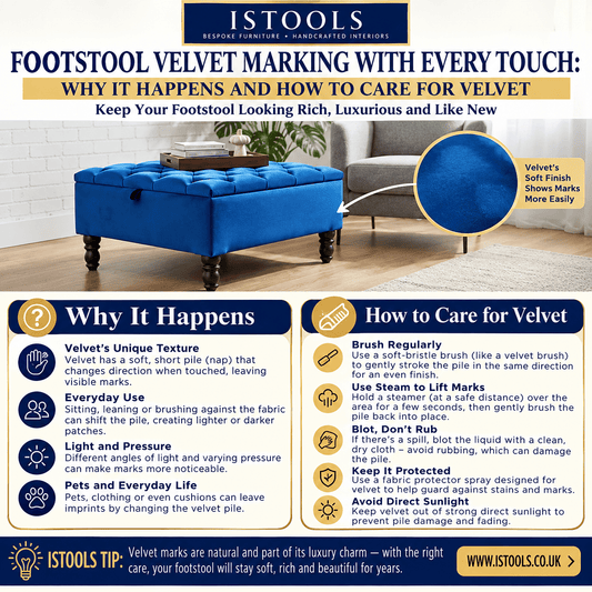FOOTSTOOL VELVET MARKING WITH EVERY TOUCH: WHY IT HAPPENS AND HOW TO CARE FOR VELVET - ISTOOLS