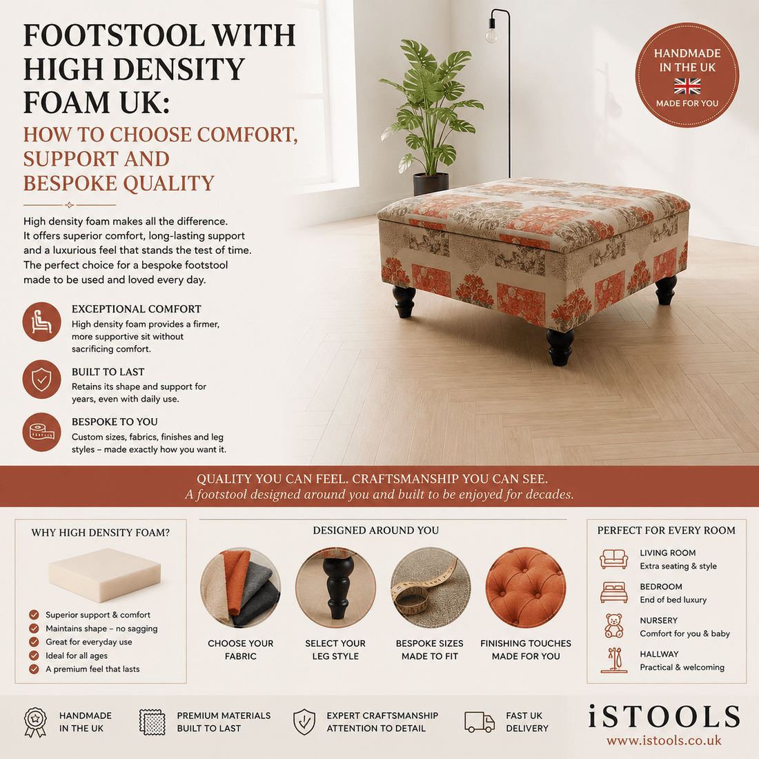 FOOTSTOOL WITH HIGH DENSITY FOAM UK: HOW TO CHOOSE COMFORT, SUPPORT AND BESPOKE QUALITY - ISTOOLS