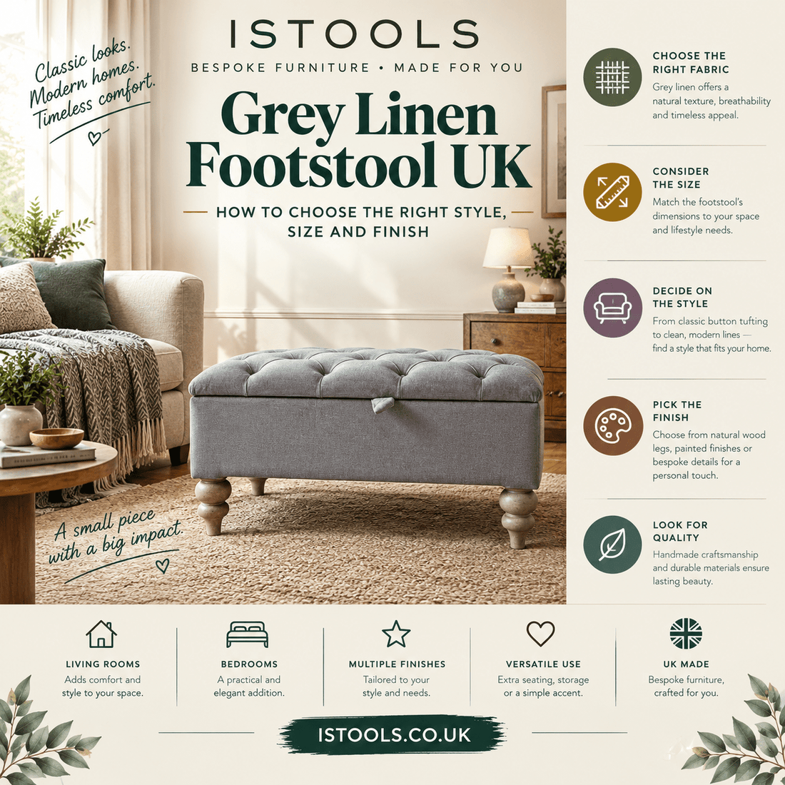 GREY LINEN FOOTSTOOL UK: HOW TO CHOOSE THE RIGHT STYLE, SIZE AND FINISH - ISTOOLS