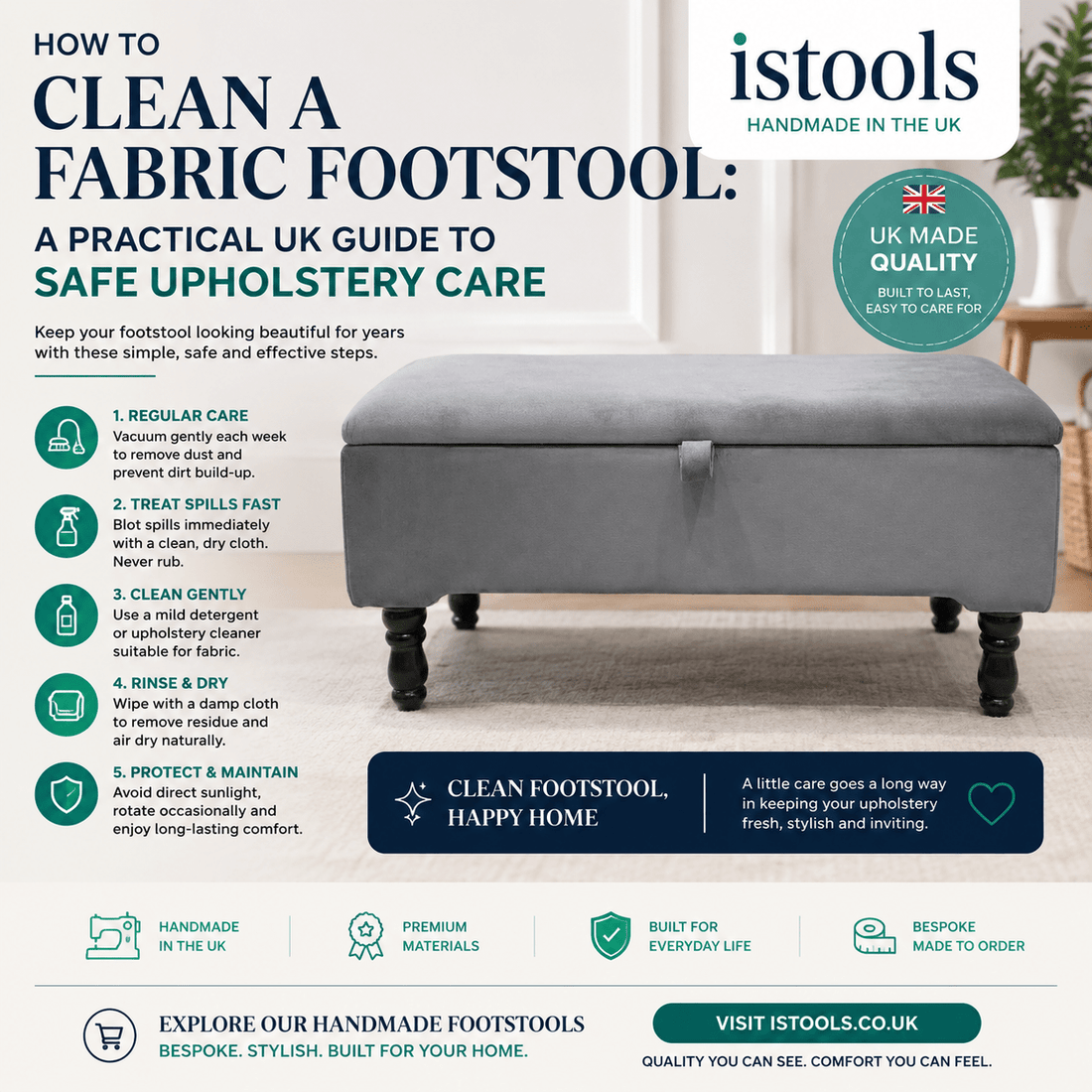 HOW TO CLEAN A FABRIC FOOTSTOOL: A PRACTICAL UK GUIDE TO SAFE UPHOLSTERY CARE - ISTOOLS