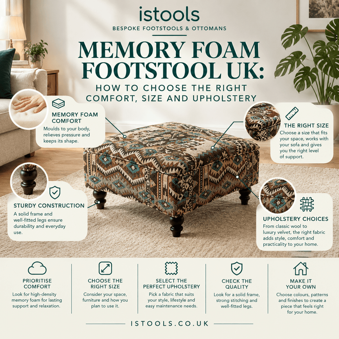 MEMORY FOAM FOOTSTOOL UK: HOW TO CHOOSE THE RIGHT COMFORT, SIZE AND UPHOLSTERY - ISTOOLS