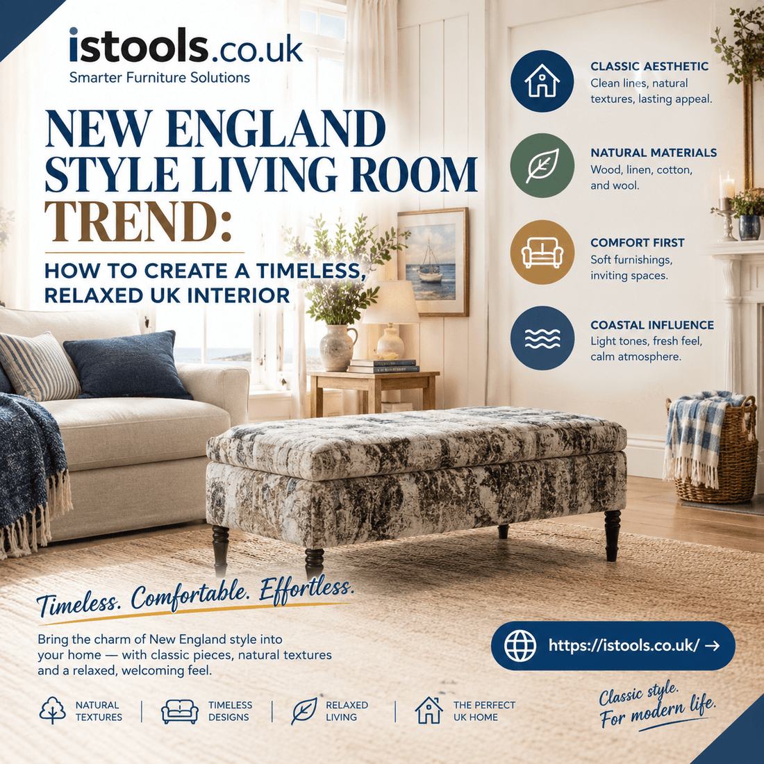 NEW ENGLAND STYLE LIVING ROOM TREND: HOW TO CREATE A TIMELESS, RELAXED UK INTERIOR - ISTOOLS