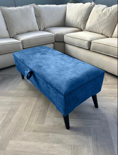 Blue Ottoman Plain Coffee Table Storage Bench | Velvet Blue Plain Footstool | Blue Fabric Living Room Footstool