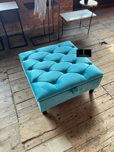 Aqua Square Coffee Table | Chesterfield Footrest | Blue Footstool Ottoman