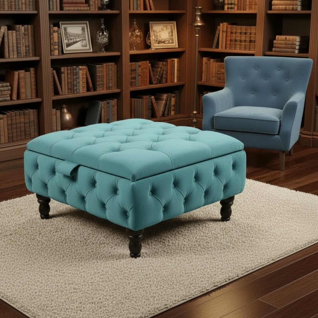 Duck Egg Blue Velvet Chesterfield Ottoman Storage Coffee Table – Stylish Multifunctional Furniture