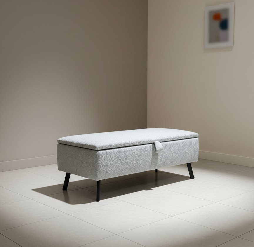 Boucle teddy Creamy white Plain coffee table, Ottoman Storage Bench Plain lid seat