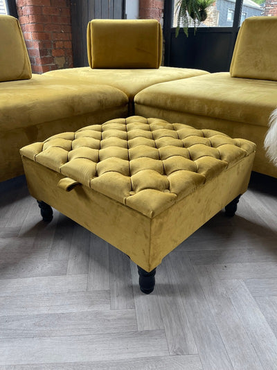 PREMIUM Large Mustard Gold coffee table Velvet Square Ottoman Storage | Chesterfield Footstool Pouffe UK | Mustard Gold Table
