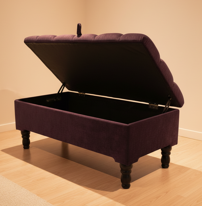 Purple Aubergine Ottoman Storage Bench – Luxury Chenille Fabric Footstool with Hidden Storage UK