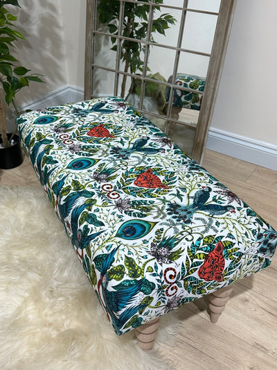 PREMIUM PEACOCK FOOTSTOOL GREEN FLORAL POUFFE FOOTREST TABLE