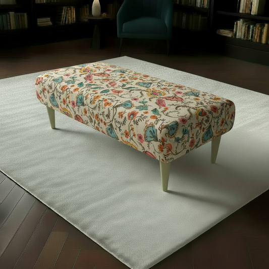 Artistic Living Room Pouffe long upholstered footstool with vibrant multi-toned fabric