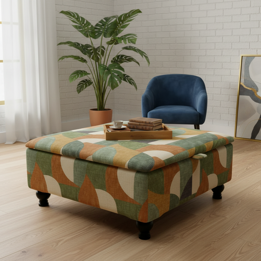 Artistic abstract style pouffe with hinged lid for extra storage