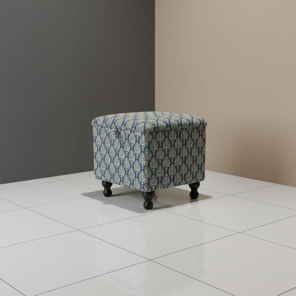 Artistic designer fabric storage ottoman with durable wooden legs