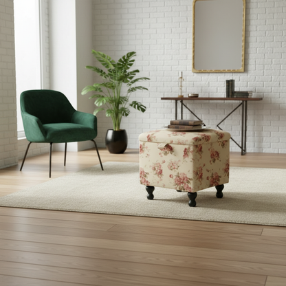 Artistic patterned footstool doubling as a tray table base