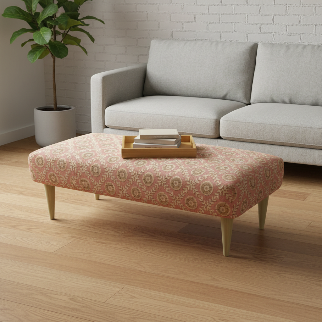 Artistic rectangular ottoman featuring firm seating area and seamless top design for modern interiors